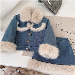 2025 Winter New Korean Style Girls' Velvet Denim Suit Children's Thickened Jacket and Cotton Skirt Two-Piece Trendy Set