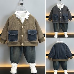 Boys' Contrast Color Printed Denim Suit 2025 Spring New Style Cardigan Two-Piece Set for Small and Medium-Sized Boys Cross-Border Children's Clothing