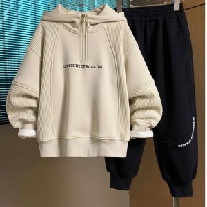 Children's Clothing Boys' Sweatshirt Set Autumn and Winter 2026 New Style Cool and Stylish for Older Kids, Autumn and Winter Fleece-Lined Hooded Sweatshirt Two-Piece Set
