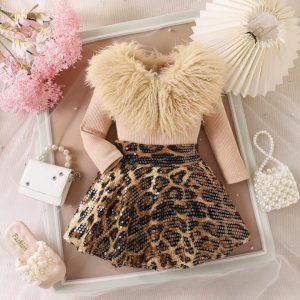2025 Foreign Trade Cross-Border New Winter New Girls Suit Fur Collar Top Sequined Leopard Print Skirt Two-Piece Set