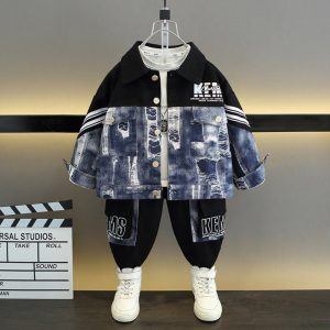 Children's Spring and Autumn Letter Patchwork Lapel Denim Suit 2025 Autumn New Korean Style Handsome Boy Clothes Trendy