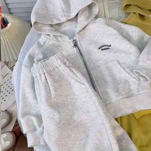 Children's Ins Pure Color Hooded Two-Piece Set 2025 Autumn and Winter Versatile Zipper Jacket Pants Korean Style Suit for Boys and Girls